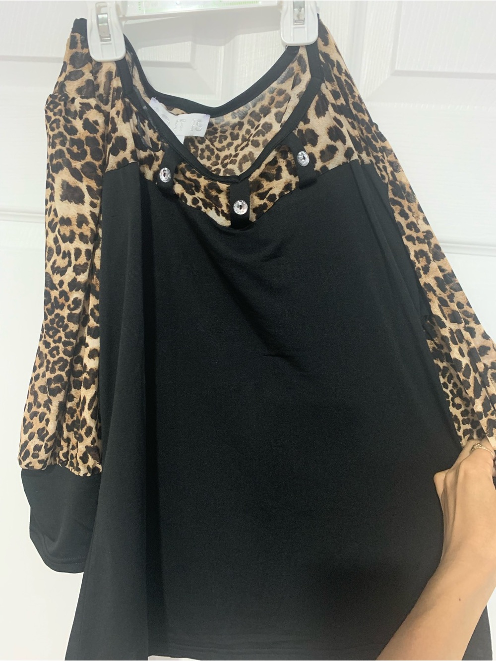 Black and Leopard Print So It Is Medium Womens Top with Embellished Neckline